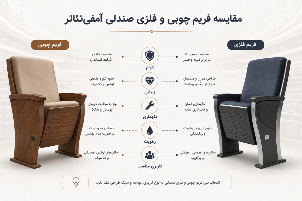مقایسه فریم چوبی و فلزی صندلی آمفی‌تئاتر